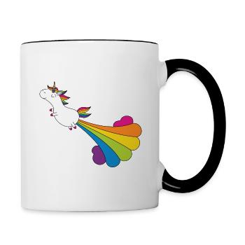 Lustiges pupsendes Einhorn mit Regenbogenwolke - Tasse zweifarbig - Weiß/Schwarz - Rechts