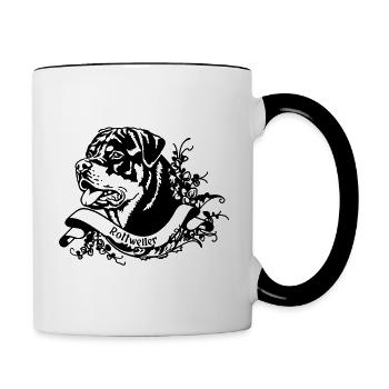 Rottweiler Rüde an Retro Banner - Tasse zweifarbig - Weiß/Schwarz - Rechts