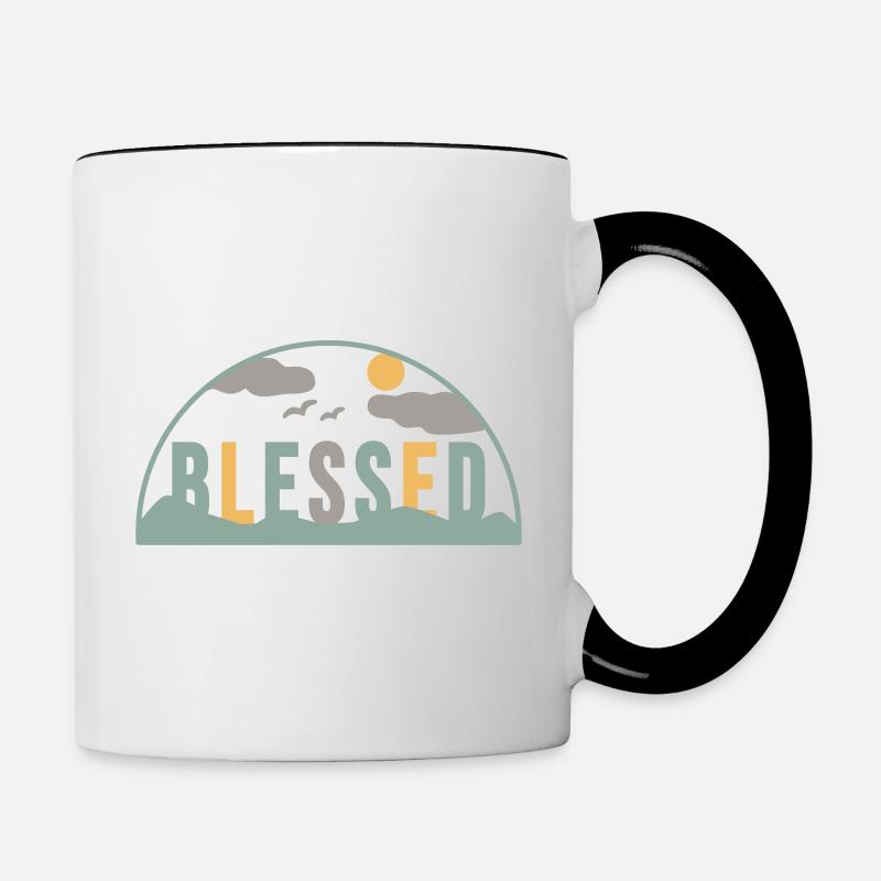 "Blessed" lettering with mountain panorama (boho style) - Contrasting Mug - white/black