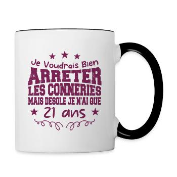 conneries 21 ans / cadeau anniversaire 21 ans - Mug contrasté - blanc/noir - Droite