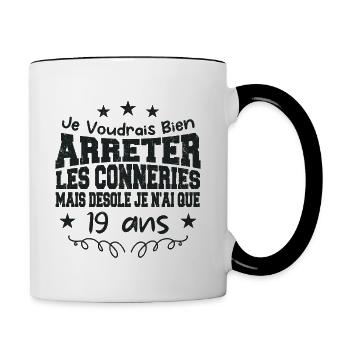 conneries 19 ans / cadeau anniversaire 19 ans - Mug contrasté - blanc/noir - Droite