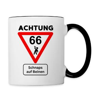 66. Geburtstag - Schnaps auf Beinen Schnapszahl - Tasse zweifarbig - Weiß/Schwarz - Rechts
