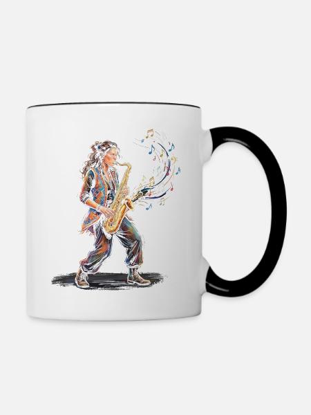 Weibliche Saxophonistin spielt Saxophon-Kunstdruck - Tasse zweifarbig - Weiß/Schwarz
