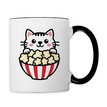 Cat with Popcorn - Comic - Tasse zweifarbig - Weiß/Schwarz - Rechts