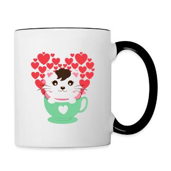 Katze mit Herzen - Tasse zweifarbig - Weiß/Schwarz - Rechts