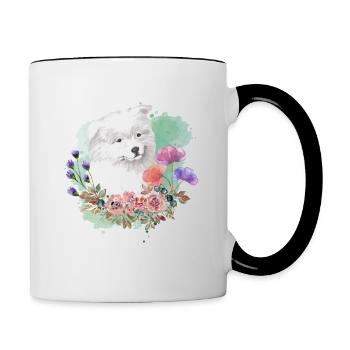Samojede Cottagecore Wasserfarben Blumen - Tasse zweifarbig - Weiß/Schwarz - Rechts