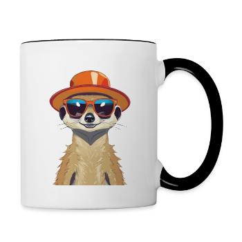 Erdmännchen mit Sonnenbrille und Sonnenhut - Tasse zweifarbig - Weiß/Schwarz - Rechts