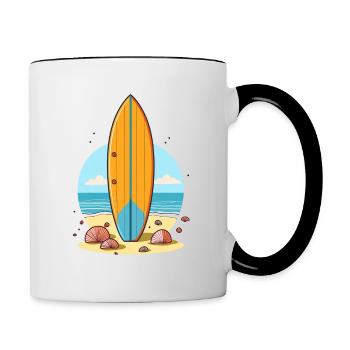 Surfboard on the beach with shells - Contrasting Mug - white/black - Right