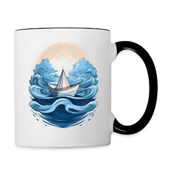 Ein Papierboot schwimmt von Wellen umgeben im Meer - Tasse zweifarbig - Weiß/Schwarz - Rechts