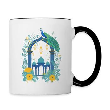 Tempel Illustration mit Blumen und Pfau - Tasse zweifarbig - Weiß/Schwarz - Rechts