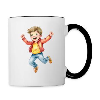 A boy jumps in the air for joy - Contrasting Mug - white/black - Right