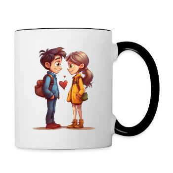 Verliebtes, schüchternes Paar im Comic-Stil - Tasse zweifarbig - Weiß/Schwarz - Rechts