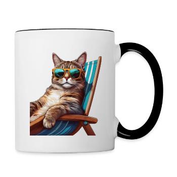 Cat with sunglasses on deck chair on beach - Contrasting Mug - white/black - Right