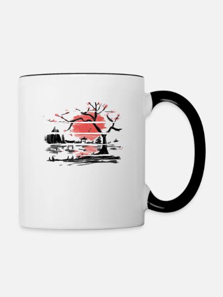 Japan Aquarell Red Sun I Weinlese-Kirschbaum - Tasse zweifarbig - Weiß/Schwarz