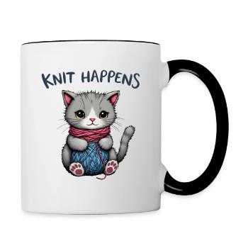 Knit Happens - Knitting Gray Cat with Yarn - Contrasting Mug - white/black - Right