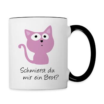 Süße Katze - Schmierst du mir ein Brot - Tasse zweifarbig - Weiß/Schwarz - Rechts