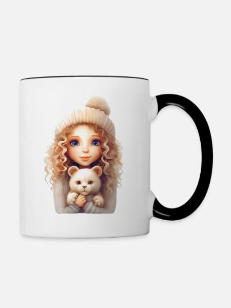 Mädchen mit Katze - Tasse zweifarbig - Weiß/Schwarz