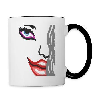Art Face - Model Portrait Gesicht mit roten Lippen - Tasse zweifarbig - Weiß/Schwarz - Rechts