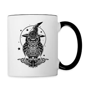 Eule mit Hexenhut und Sternen im Herbst - Tasse zweifarbig - Weiß/Schwarz - Rechts