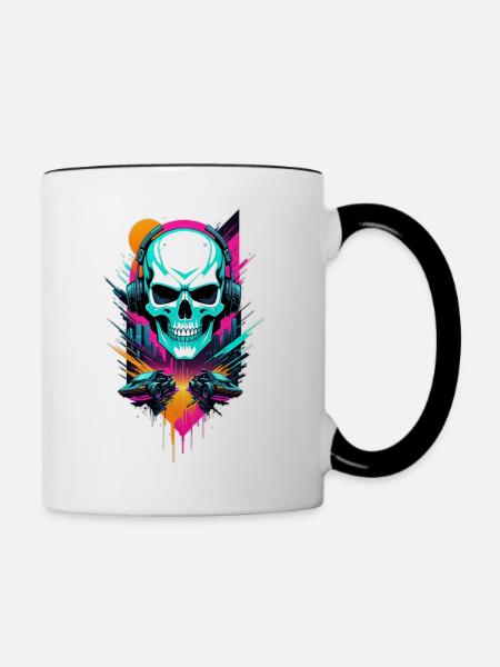 Totenkopf Steampunk Neon - Tasse zweifarbig - Weiß/Schwarz