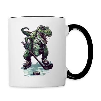 Eishockey T-Rex Trex Dino Dinosaurier - Puck Stick - Tasse zweifarbig - Weiß/Schwarz - Rechts