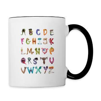 Gruselig süßes Monster Alphabet Cartoon ABC - Tasse zweifarbig - Weiß/Schwarz - Rechts