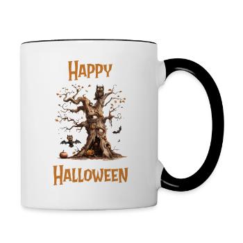 Halloween – Happy Halloween gruseliger alter Baum - Tasse zweifarbig - Weiß/Schwarz - Rechts