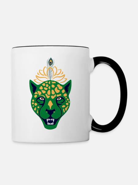 Grüner Leopard mit Feder - Tasse zweifarbig - Weiß/Schwarz