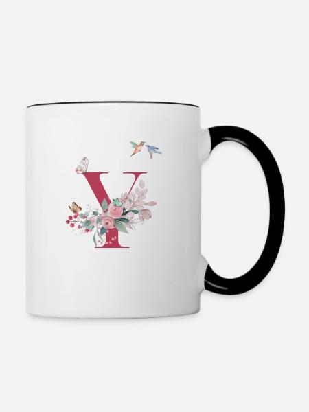 Buchstabe y floral - Geschenkidee - Tasse zweifarbig - Weiß/Schwarz