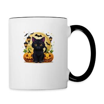 Halloween-Katze - Tasse zweifarbig - Weiß/Schwarz - Rechts