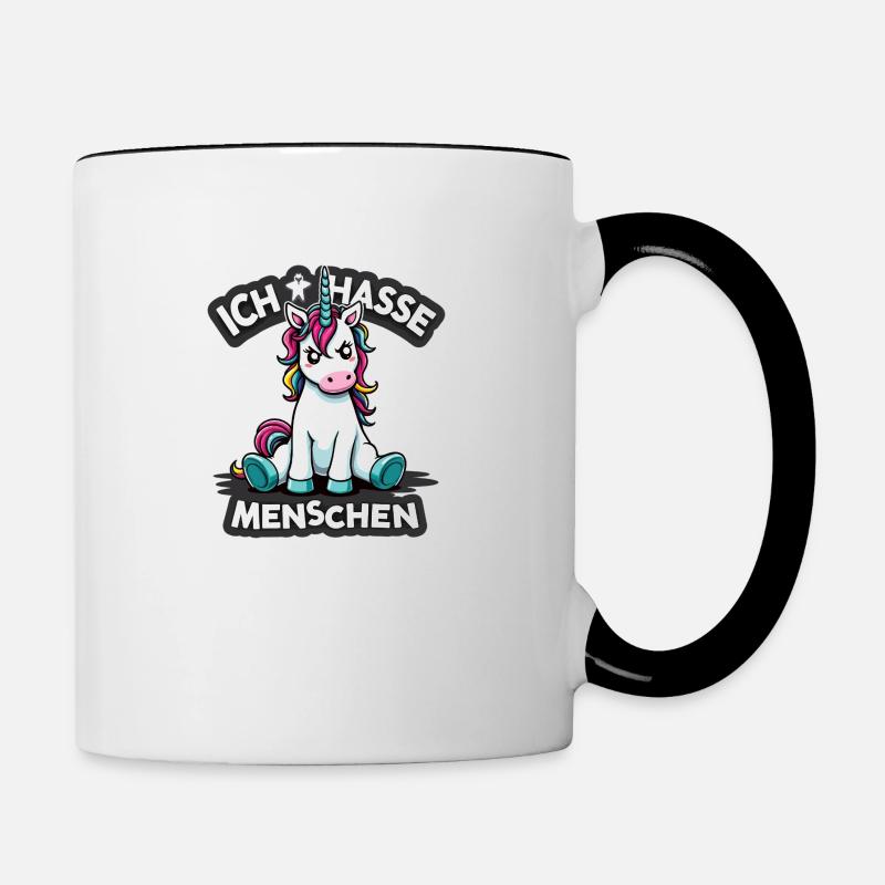 Ich hasse Menschen Einhorn Lustig Bunt - Tasse zweifarbig - Weiß/Schwarz