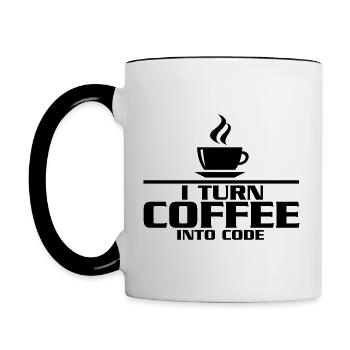 I turn coffe into code - Tasse zweifarbig - Weiß/Schwarz - Links