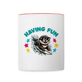 Funny surfing otter with sunglasses - Contrasting Mug - white/red - Front