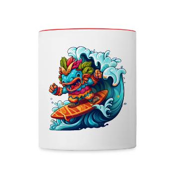 Monstre comique sur Surfboard avec Big Wave - Mug contrasté - blanc/rouge - Devant