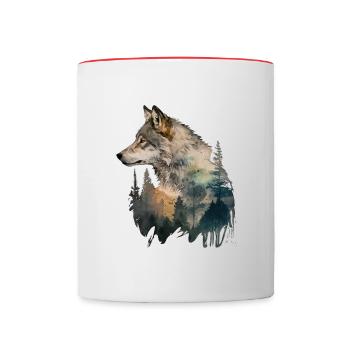Wolf Bäume Landschaft Aquarell - Tasse zweifarbig - Weiß/Rot - Vorne
