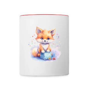 niedlicher, Baby Fuchs handgemalt, Wasserfarben - Tasse zweifarbig - Weiß/Rot - Vorne