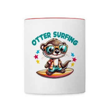 Funny surfing otter with sunglasses - Contrasting Mug - white/red - Front