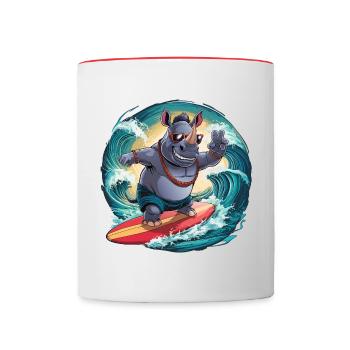 Cooles Rhino mit Sonnenbrille surft und hat Spass - Tasse zweifarbig - Weiß/Rot - Vorne