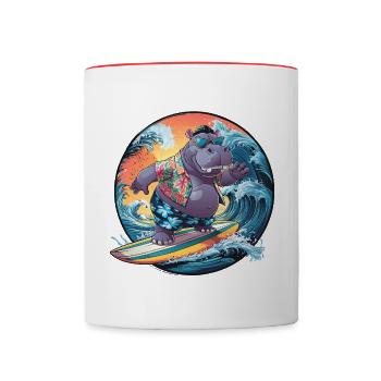 Hippo surfing lustiges cooles stylisches Hippo - Tasse zweifarbig - Weiß/Rot - Vorne
