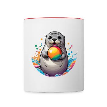 phoque phoque lion de mer avec boule colorée - Mug contrasté - blanc/rouge - Devant