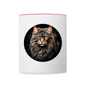 Maine Coon Katzenportrait in Aquarelltechnik - Tasse zweifarbig - Weiß/Rot - Vorne