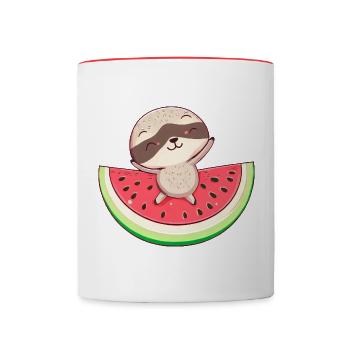 Faultier mit Wassermelone - Entspanntes Design - Tasse zweifarbig - Weiß/Rot - Vorne