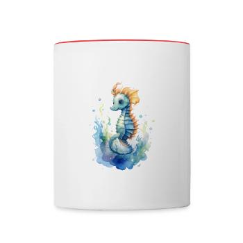 mignon hippocampe, bleu, vert, aquarelles - Mug contrasté - blanc/rouge - Devant