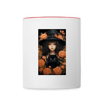 Halloween themed witch with a cat - Contrasting Mug - white/red - Front