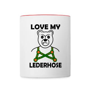 Lustiger Bär Volksfest-Design Ich liebe Lederhosen - Tasse zweifarbig - Weiß/Rot - Vorne