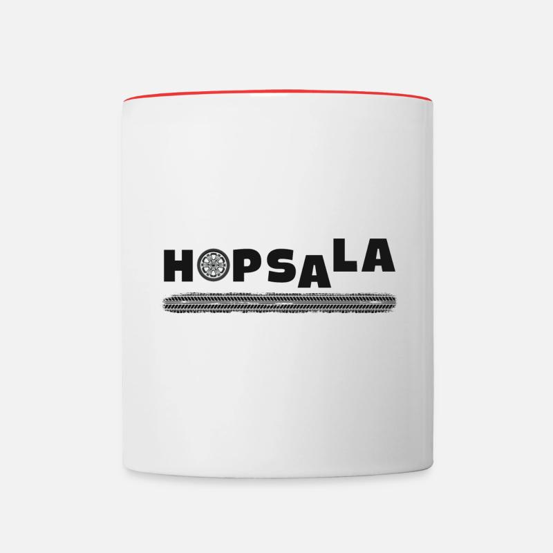 Un drôle de pneu de voiture disant Hopsala - Mug contrasté - blanc/rouge