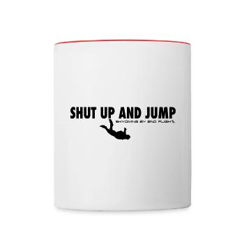 Shut up and jump...unser Slogan im Fallschirmsport - Tasse zweifarbig - Weiß/Rot - Vorne