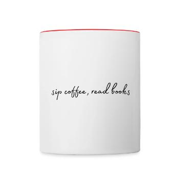 sip coffee, read books . Sipping coffee, books - Contrasting Mug - white/red - Front