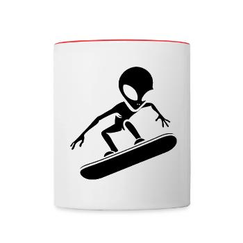 Minimalistisches Design: Alien Snowboarder - Tasse zweifarbig - Weiß/Rot - Vorne