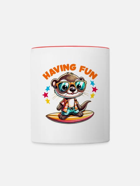 Lustiger surfender Otter mit Sonnenbrille - Tasse zweifarbig - Weiß/Rot